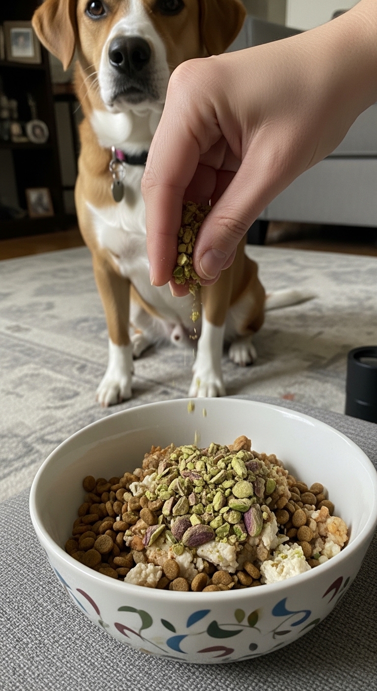 A dog is sitting on the floor while a person feeds it pistachios.