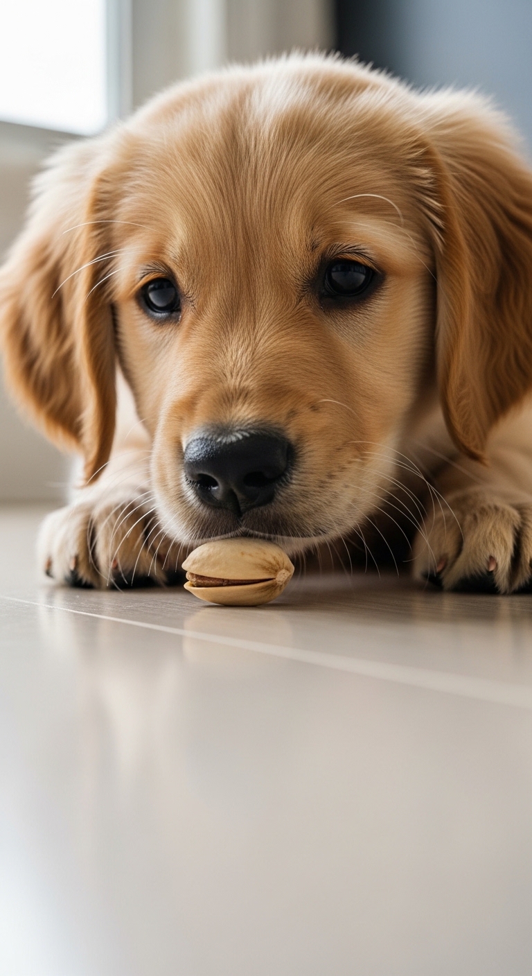 A dog is eating a pistachio.