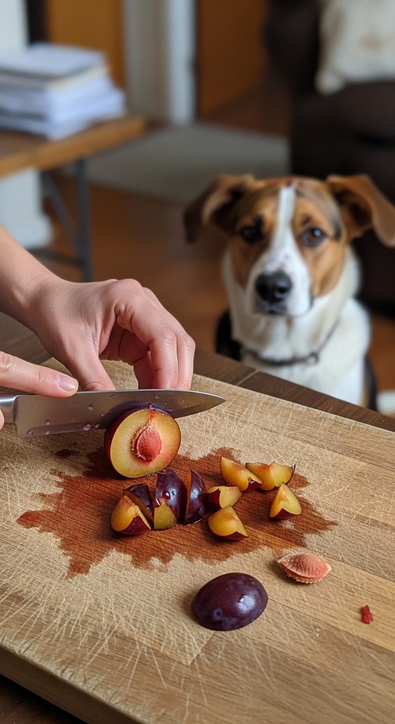 A person is cutting a peach on a cutting board while a dog looks on.
