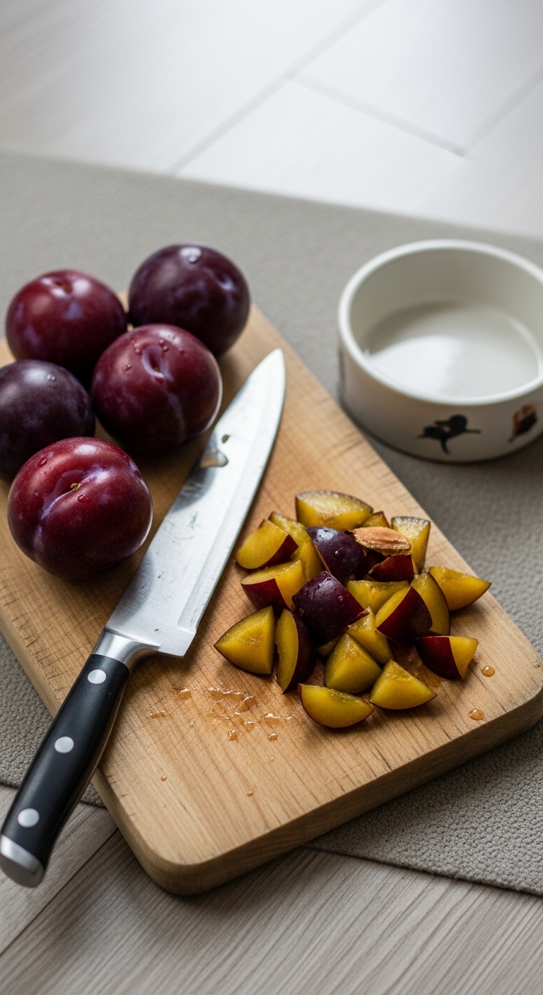 A knife and a bowl of plums on a cutting board.