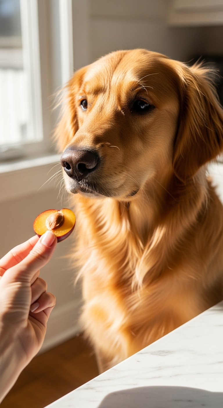 A dog is eating a plum.
