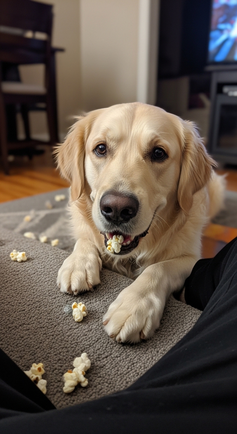 A dog eating popcorn.