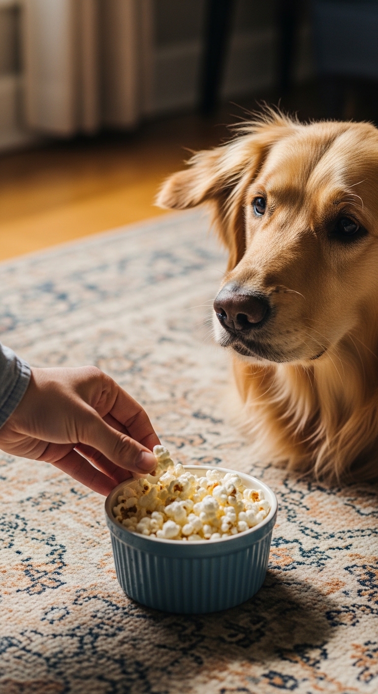 A dog is eating popcorn from a bowl.