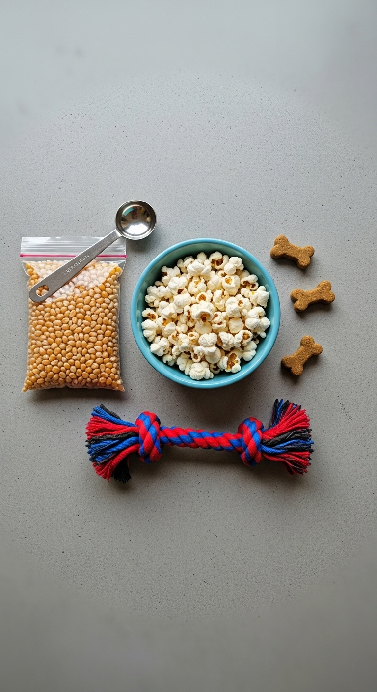 A bowl of popcorn sits next to a bag of dog food.