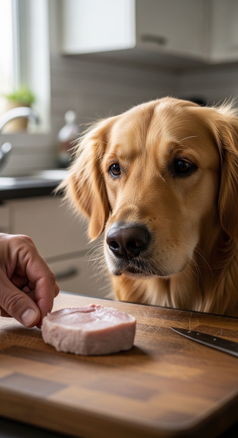 A dog is looking at a piece of meat on a table.