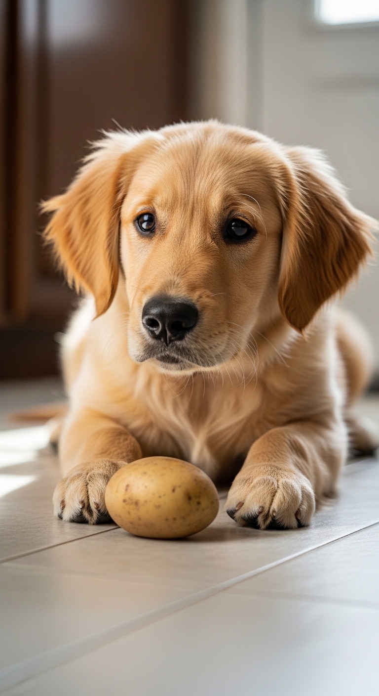 A dog with a potato in its mouth.