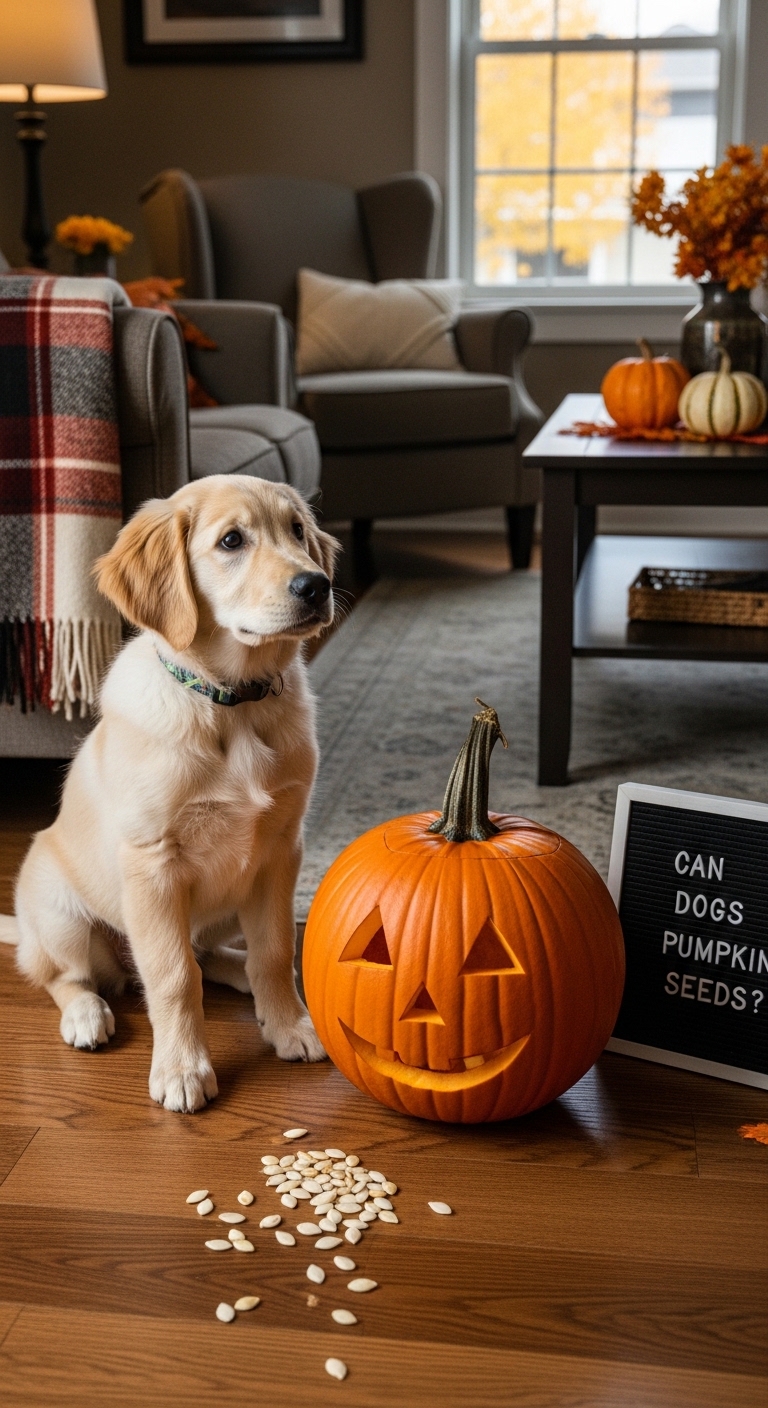 A dog sitting in front of a pumpkin.