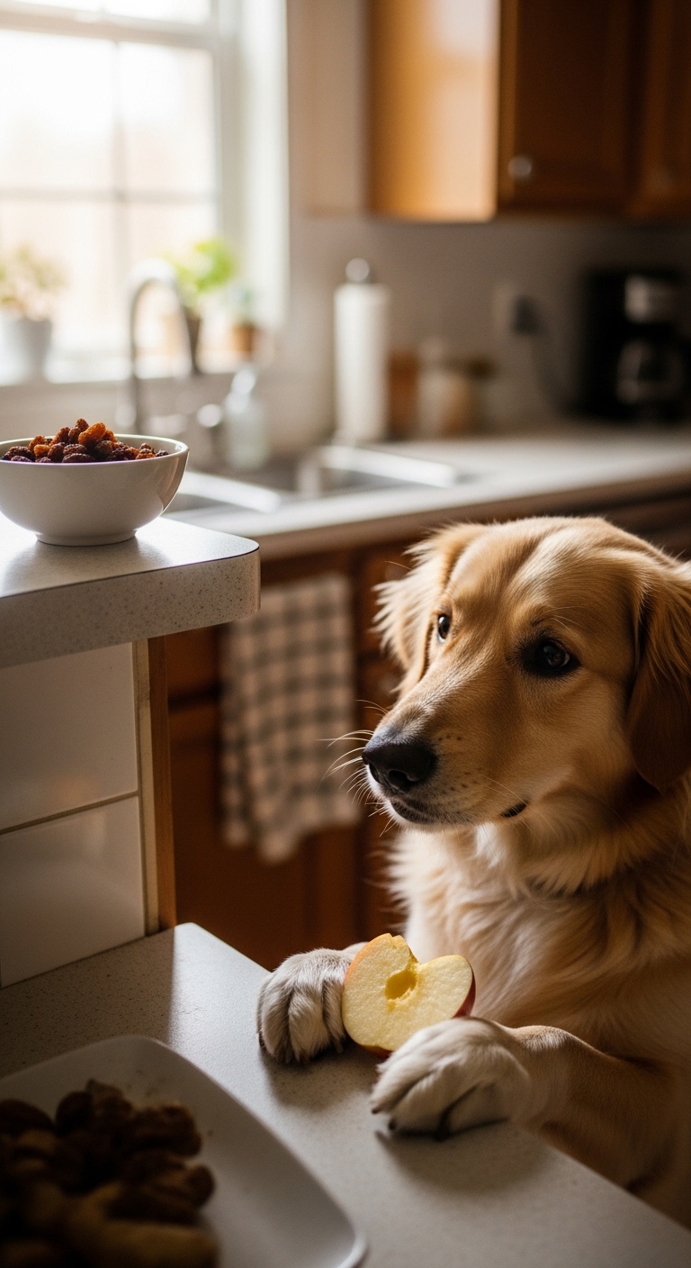 A dog is looking at a bowl of raisins.