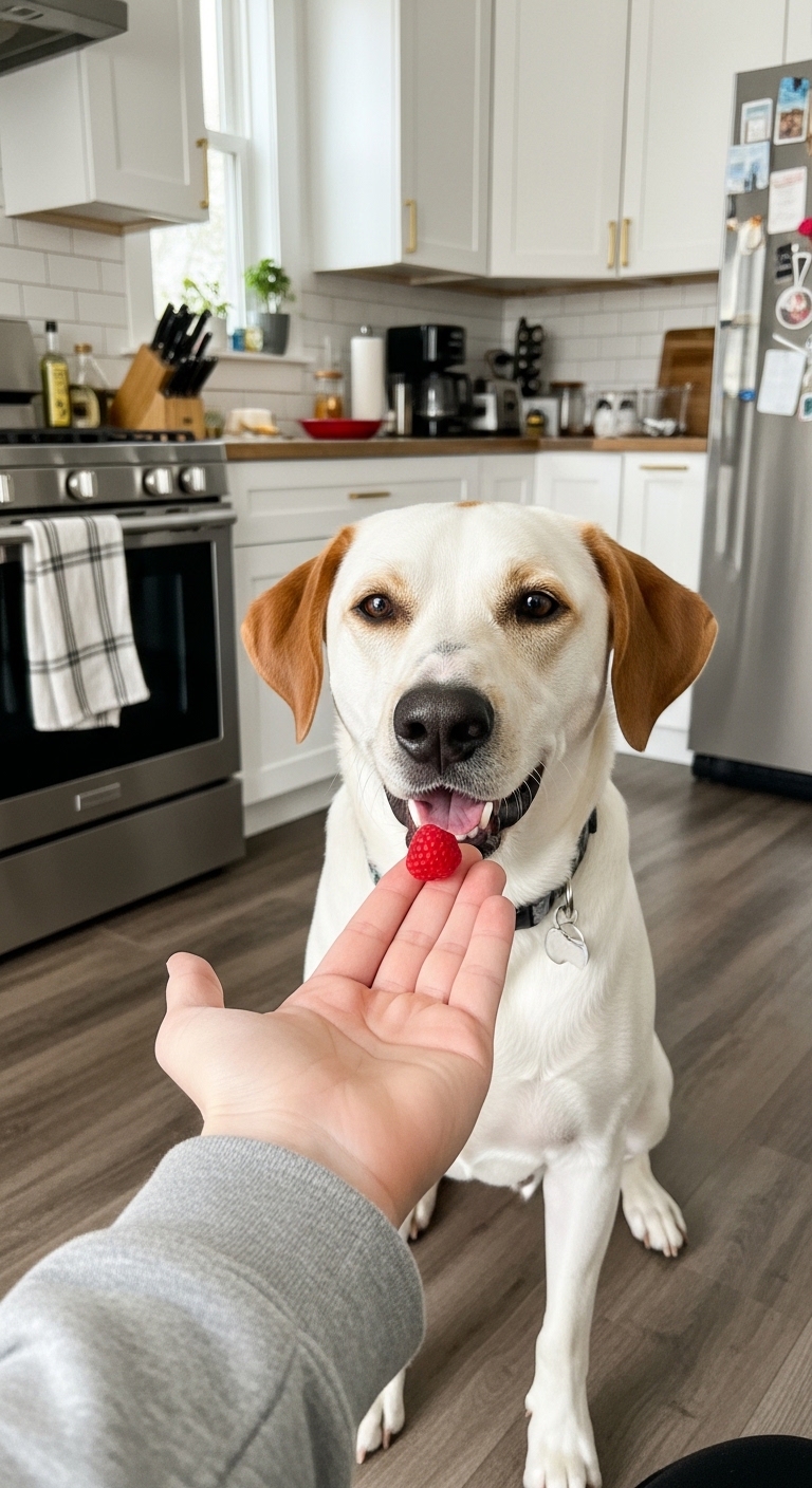 A dog is eating a raspberry.
