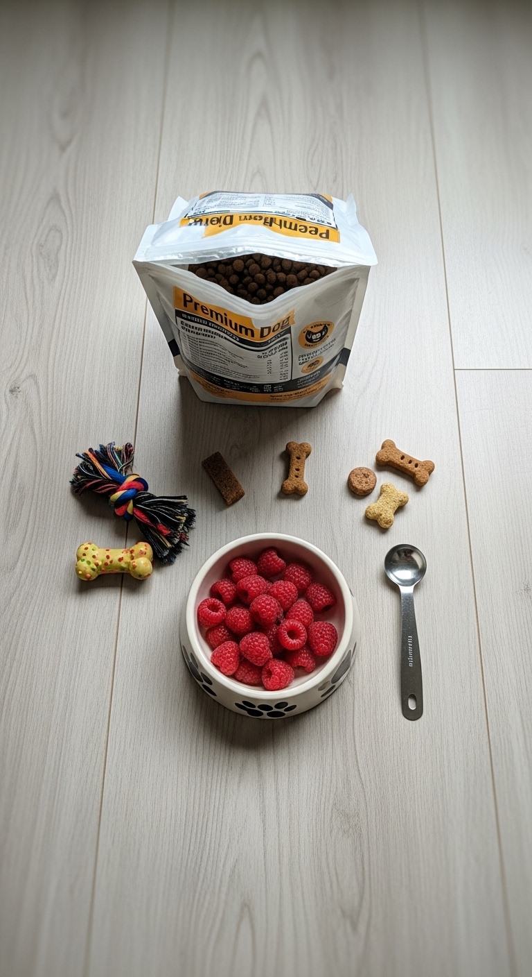 A bowl of raspberries and a bag of dog food.