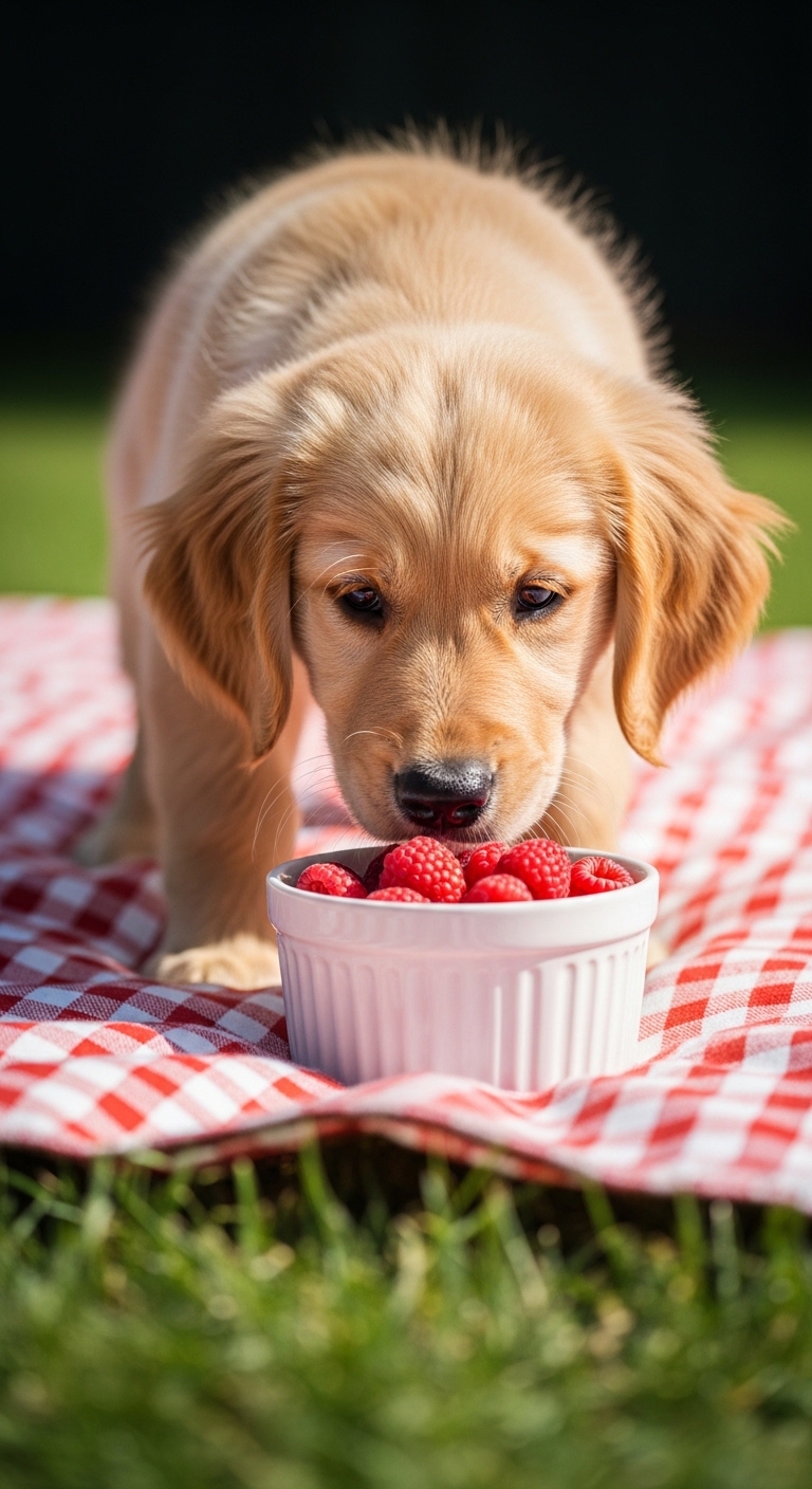 A dog eating raspberries from a bowl.