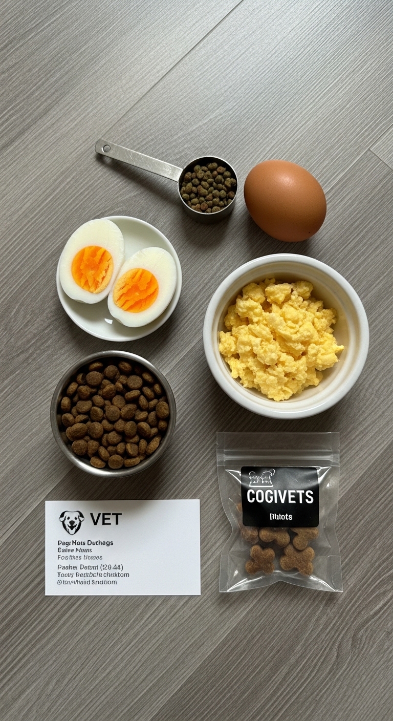 A bowl of dog food sits next to a bowl of eggs.