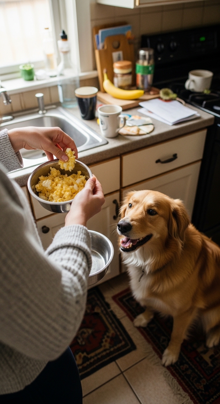 A woman is feeding a dog some food.
