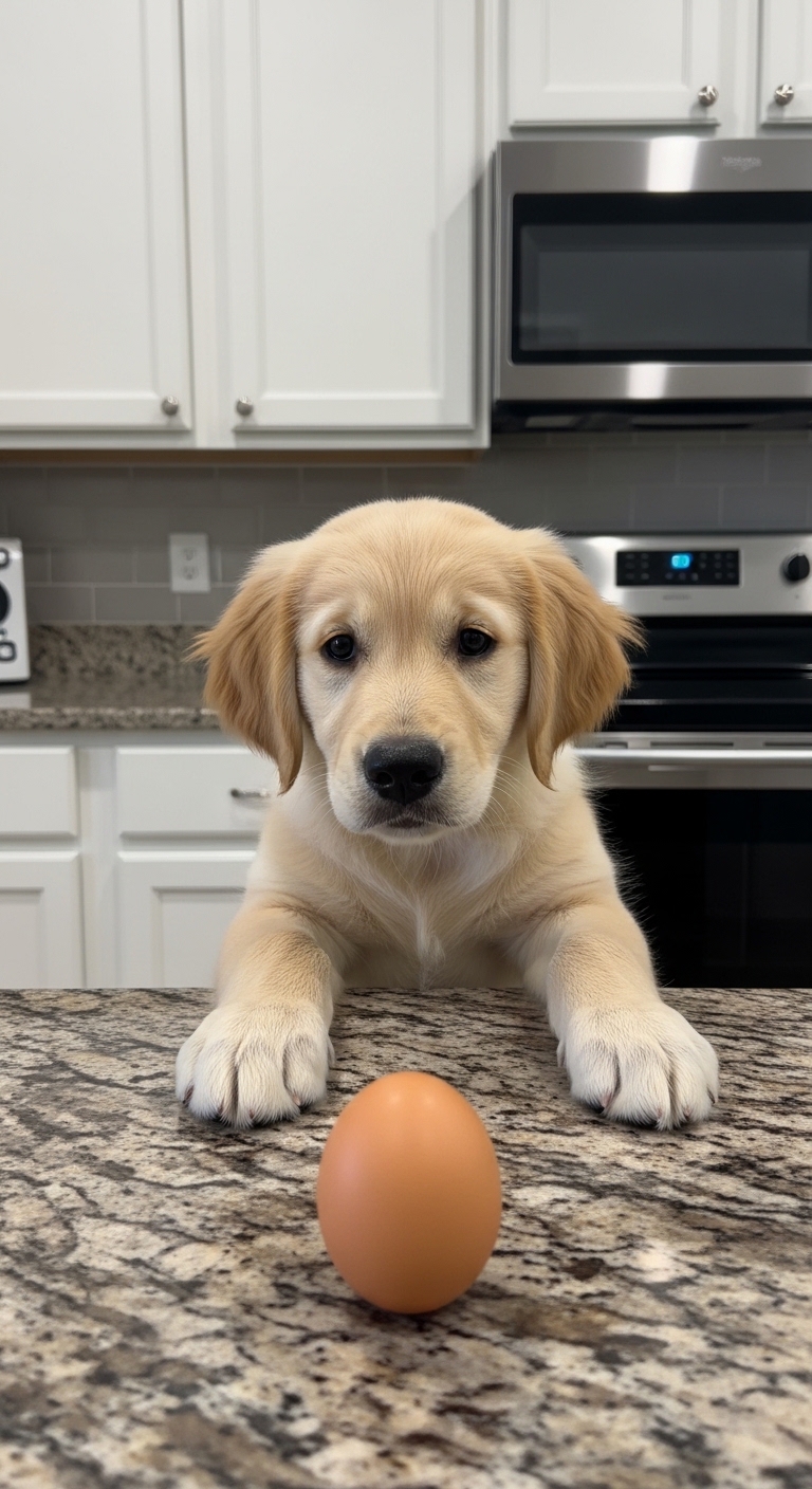 A dog standing on a counter with an egg in front of it.