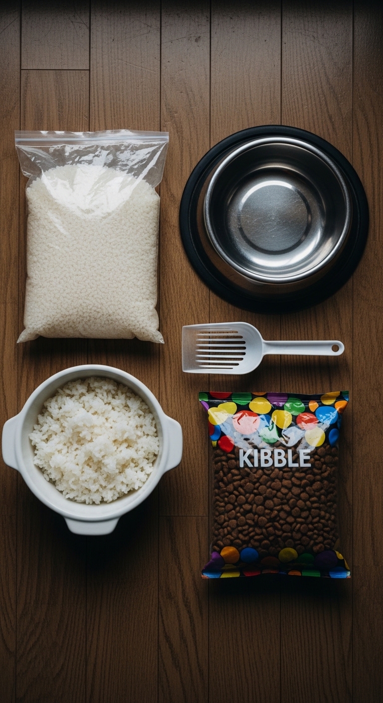 A bag of rice and a bowl of rice on a table.