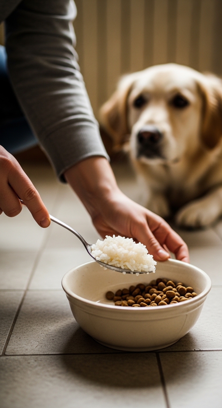 A person is feeding a dog rice.