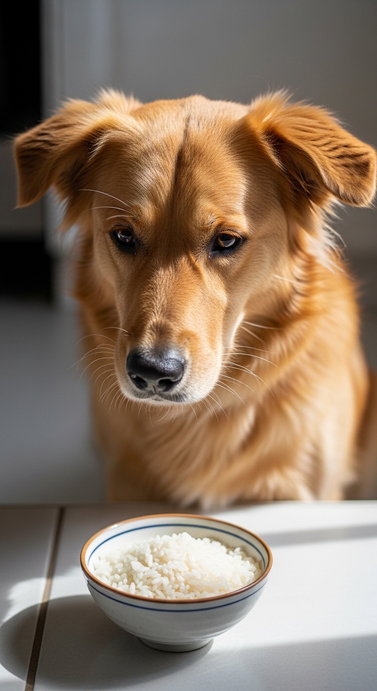 A dog is looking at a bowl of rice.