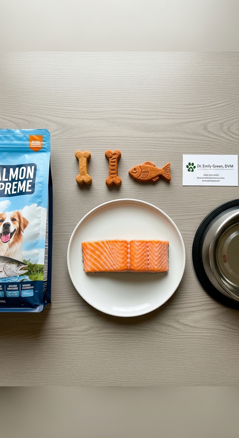 A plate of food with a salmon and a dog food bag.
