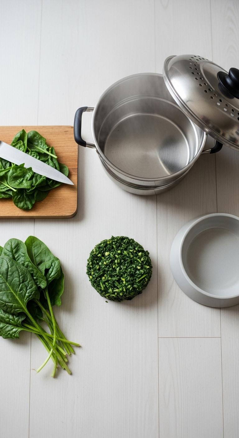 A cutting board with spinach and a bowl of water.
