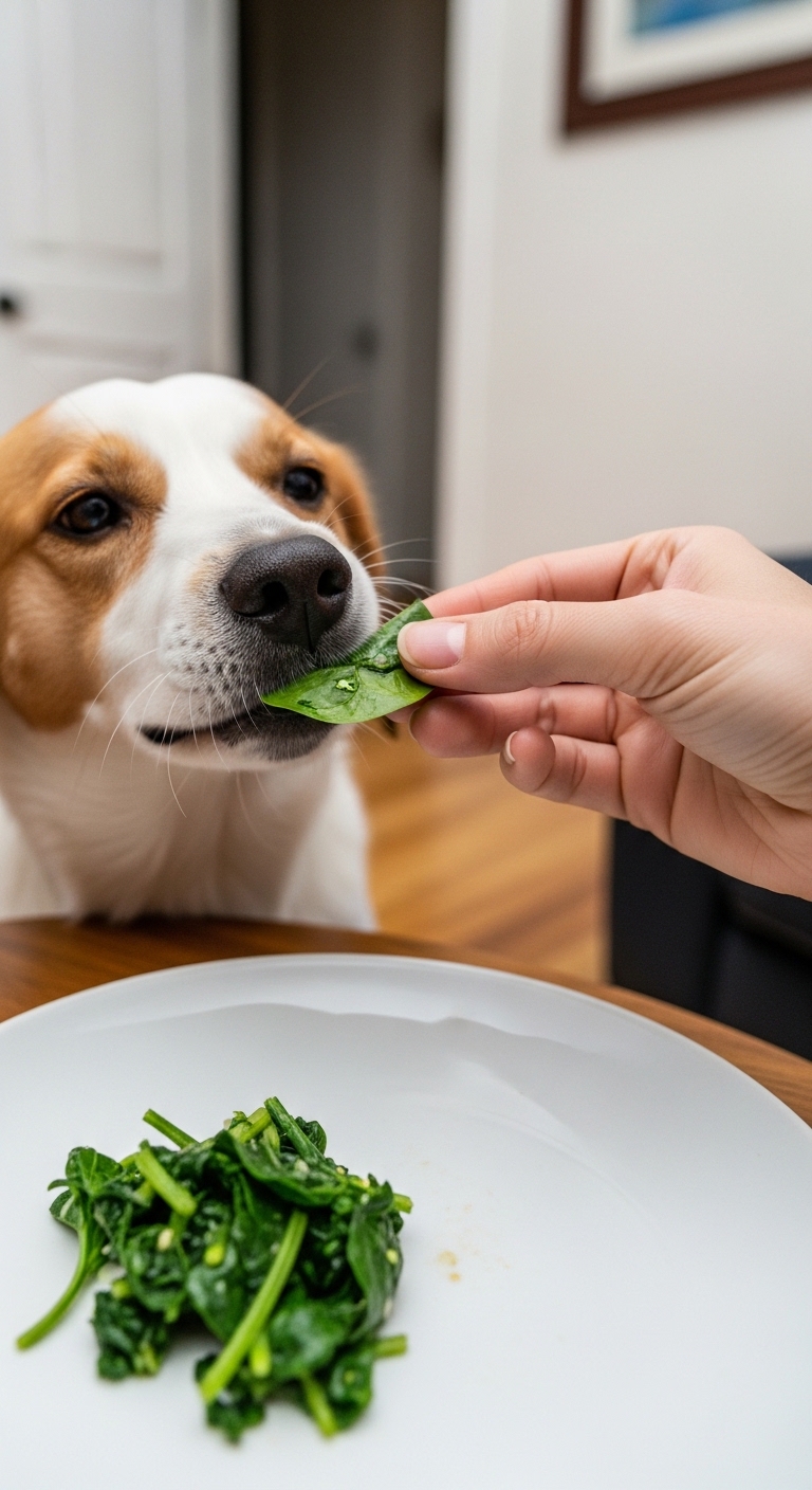 A dog eating spinach.