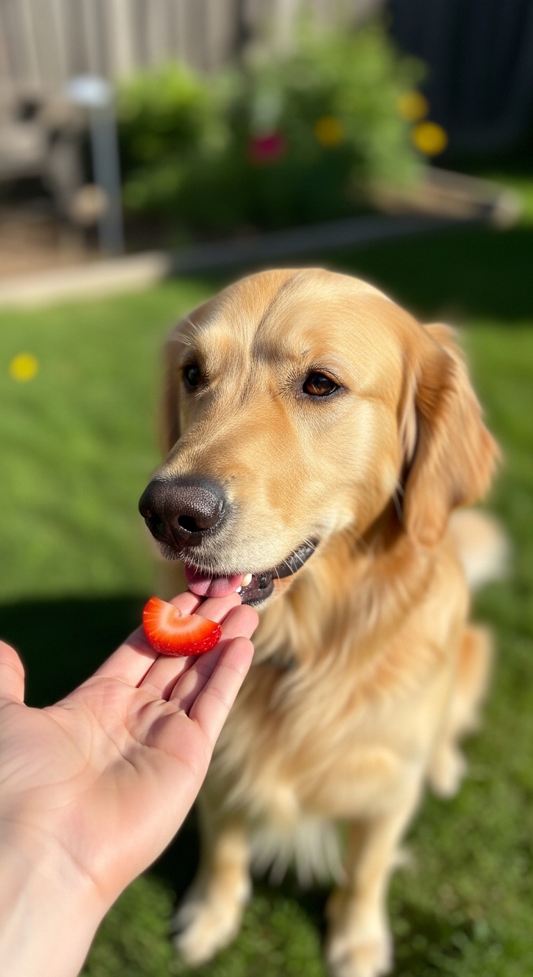 A dog eating a strawberry.