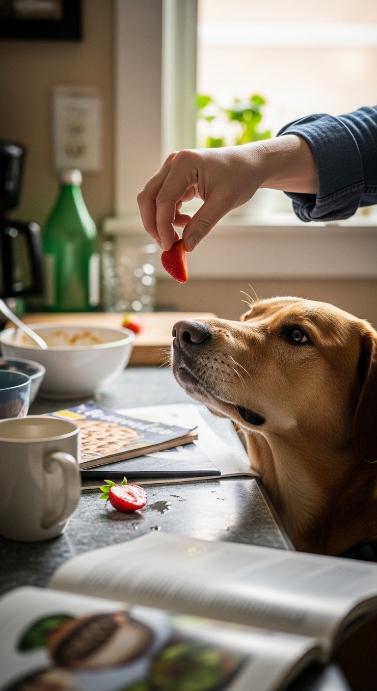 A dog eating a strawberry.