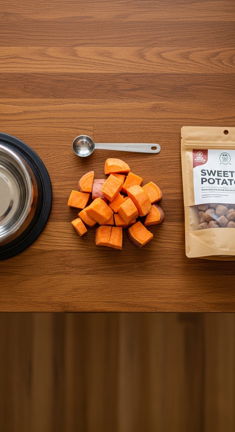 A bag of sweet potatoes sits on a table next to a bowl of food.