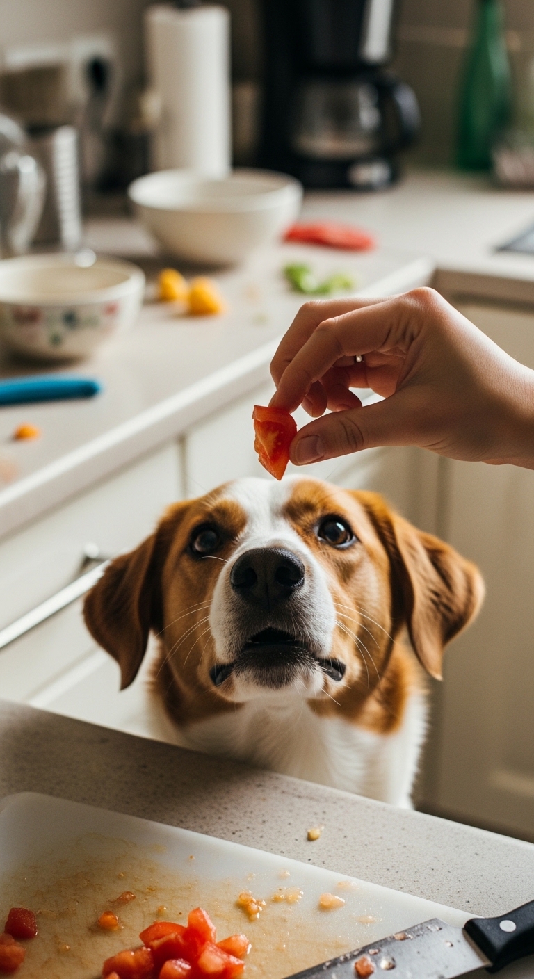 A dog is begging for a tomato.