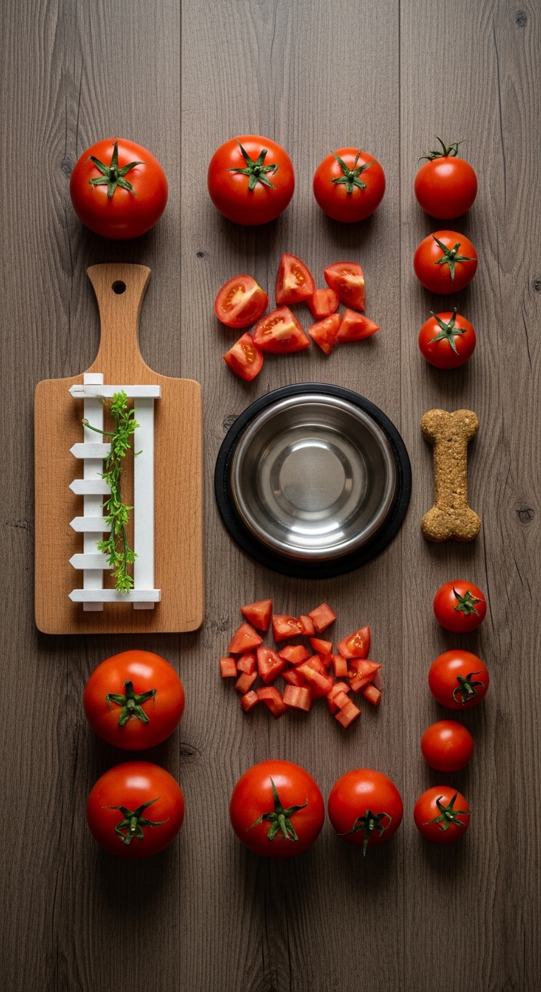 A wooden cutting board with tomatoes and a bowl of food.
