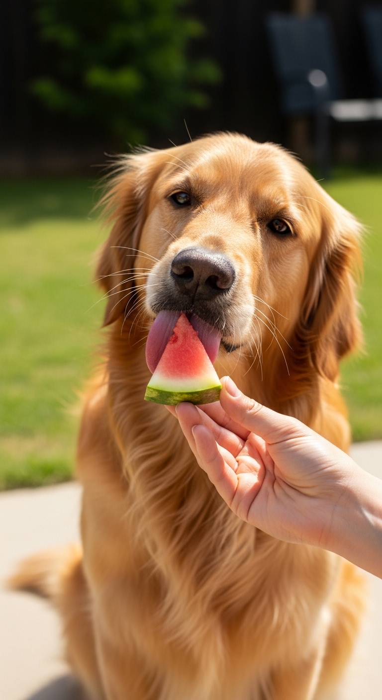 A dog eating a watermelon slice.