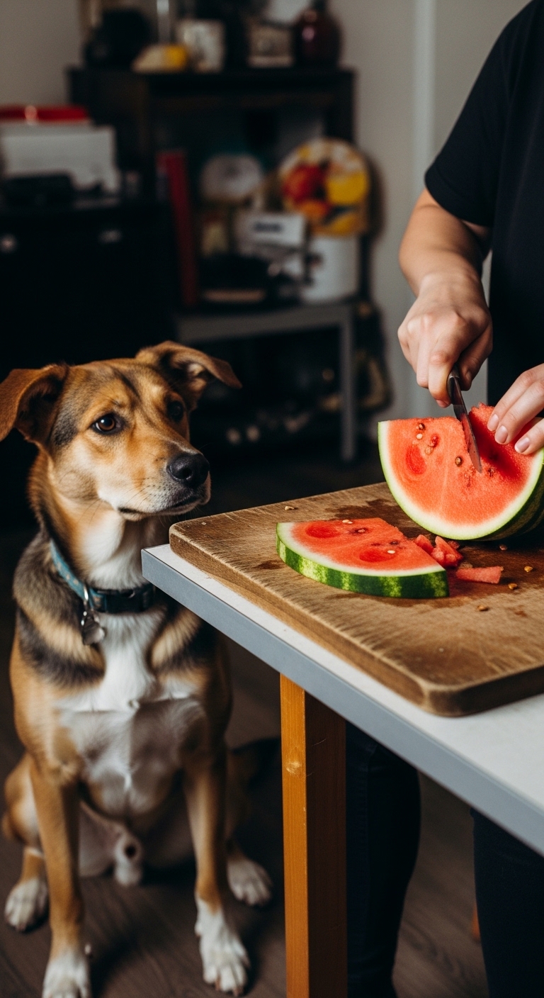 A dog is watching a person cut a watermelon.