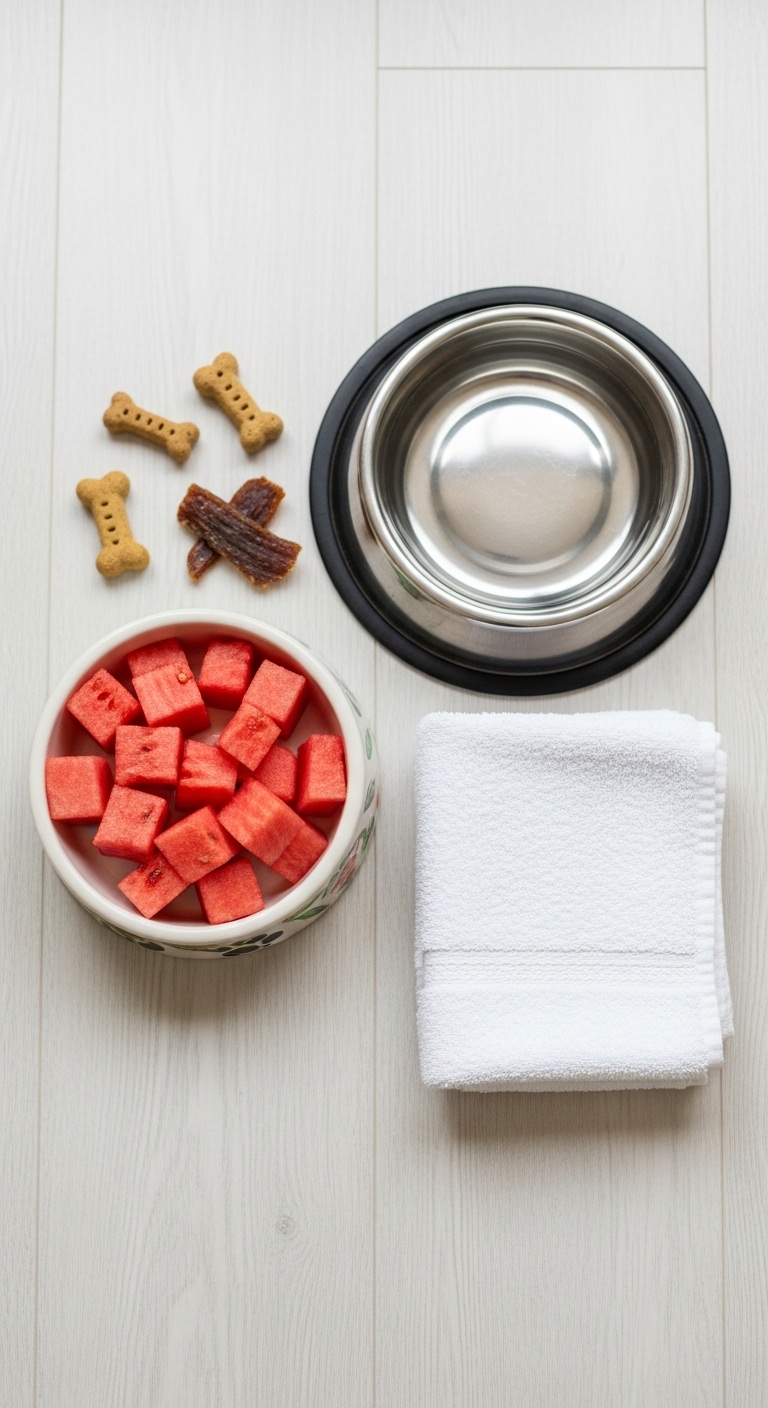 A bowl of watermelon cubes and a bowl of dog biscuits.