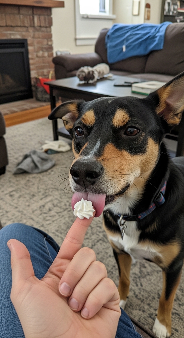 A dog licking a finger with whipped cream on it.