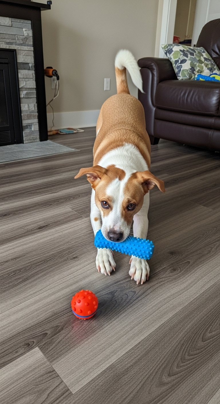 A dog holding a blue toy in its mouth.
