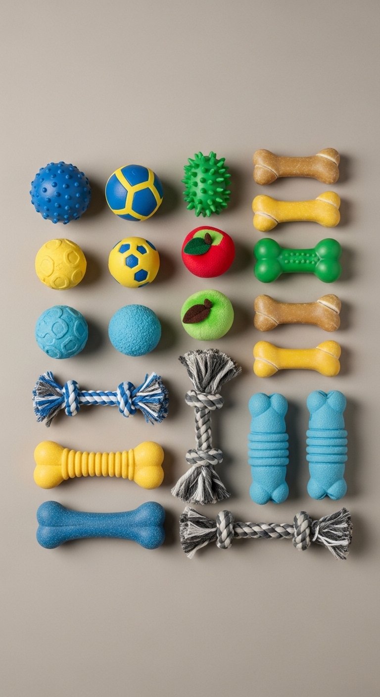 Different colored dog toys.
