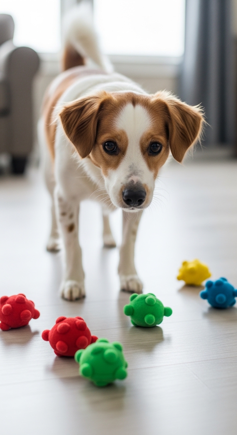 A dog looking at a colorful toy.