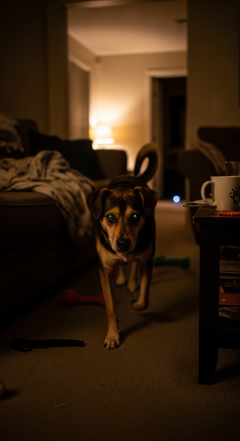 A dog with green eyes walks in a dark room.
