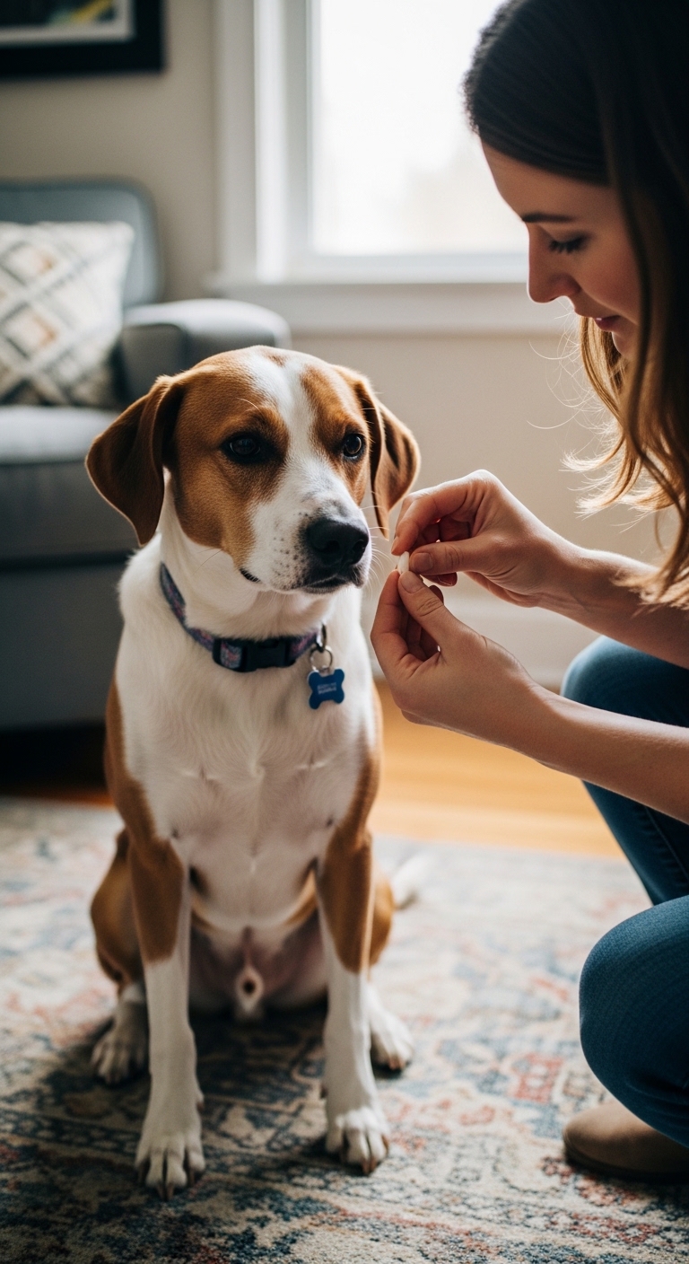 A woman is putting something on a dog's paw.