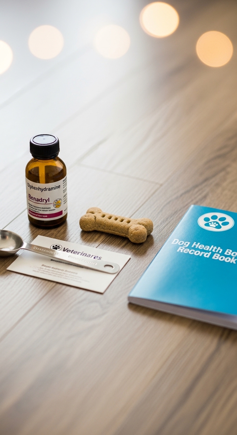 A bottle of Benadryl is on a table next to a dog treat.