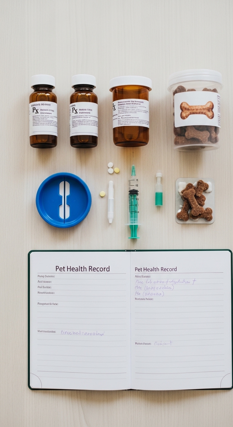 A book with a green pill bottle and a syre on a table.