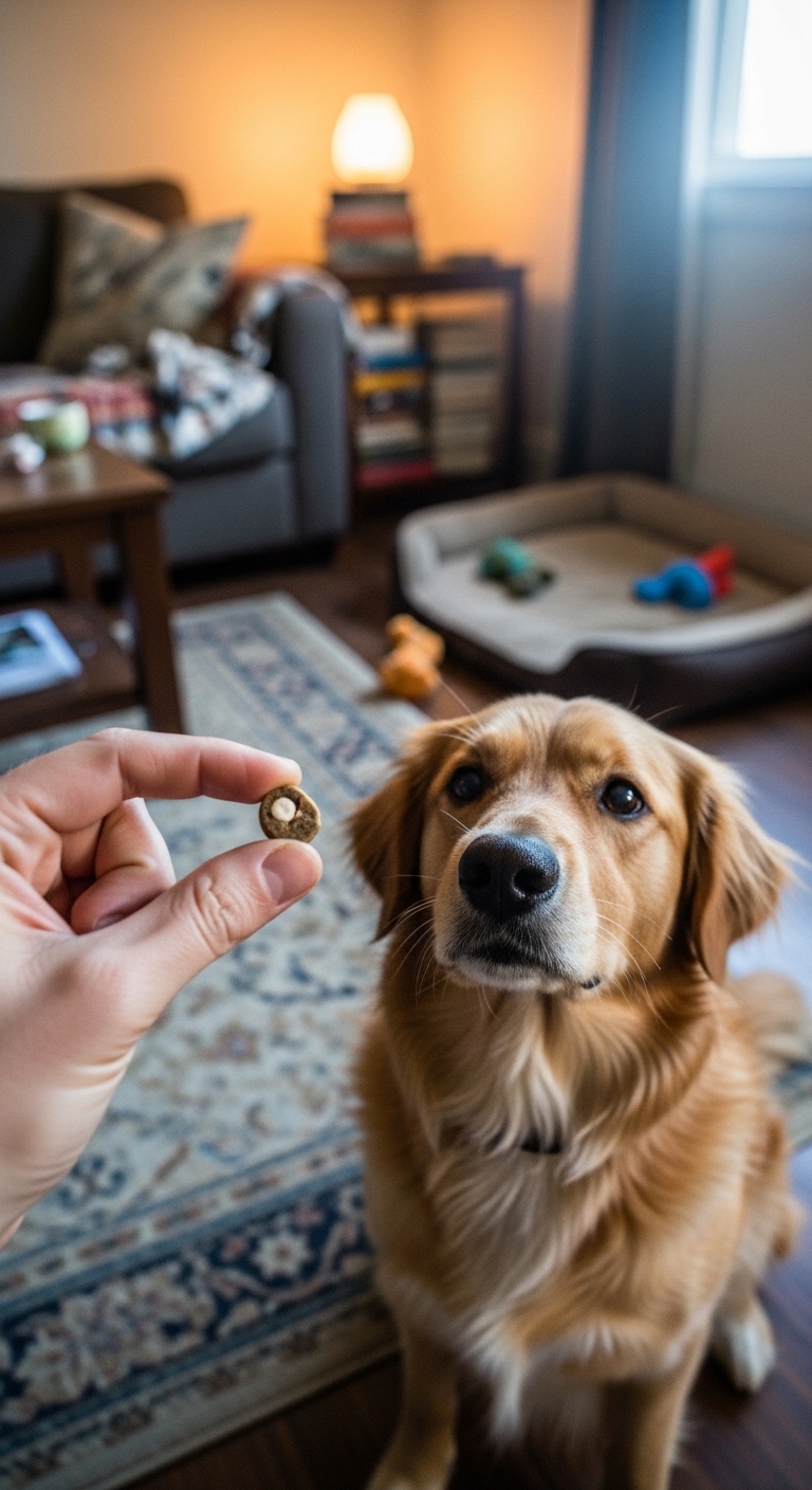 A dog is looking up at a person holding a pill.