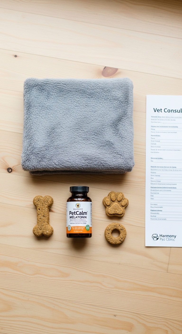A bottle of melatonin sits on a table next to a dog biscuit.