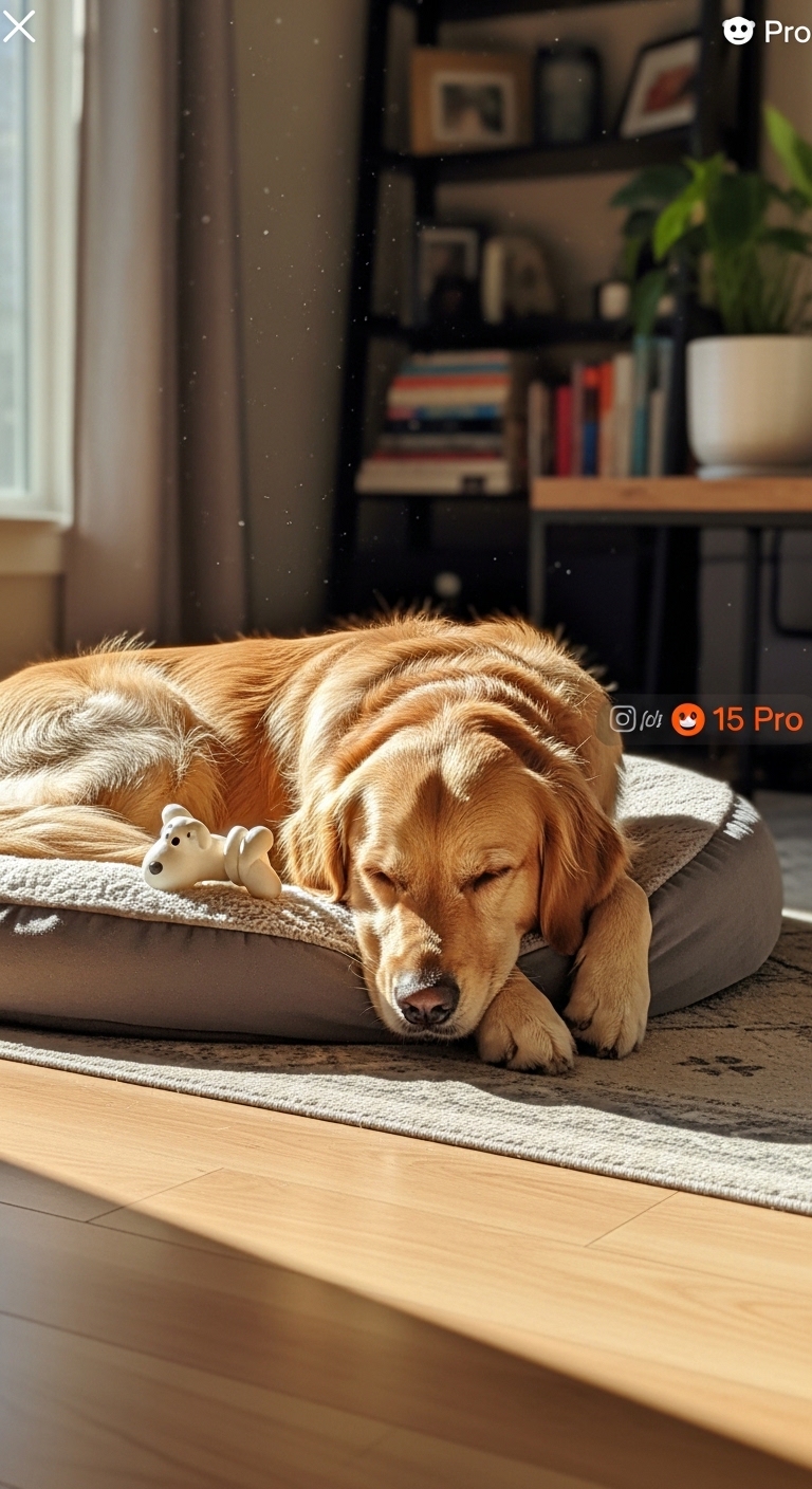 A dog is laying on a bed with a white stuffed animal.