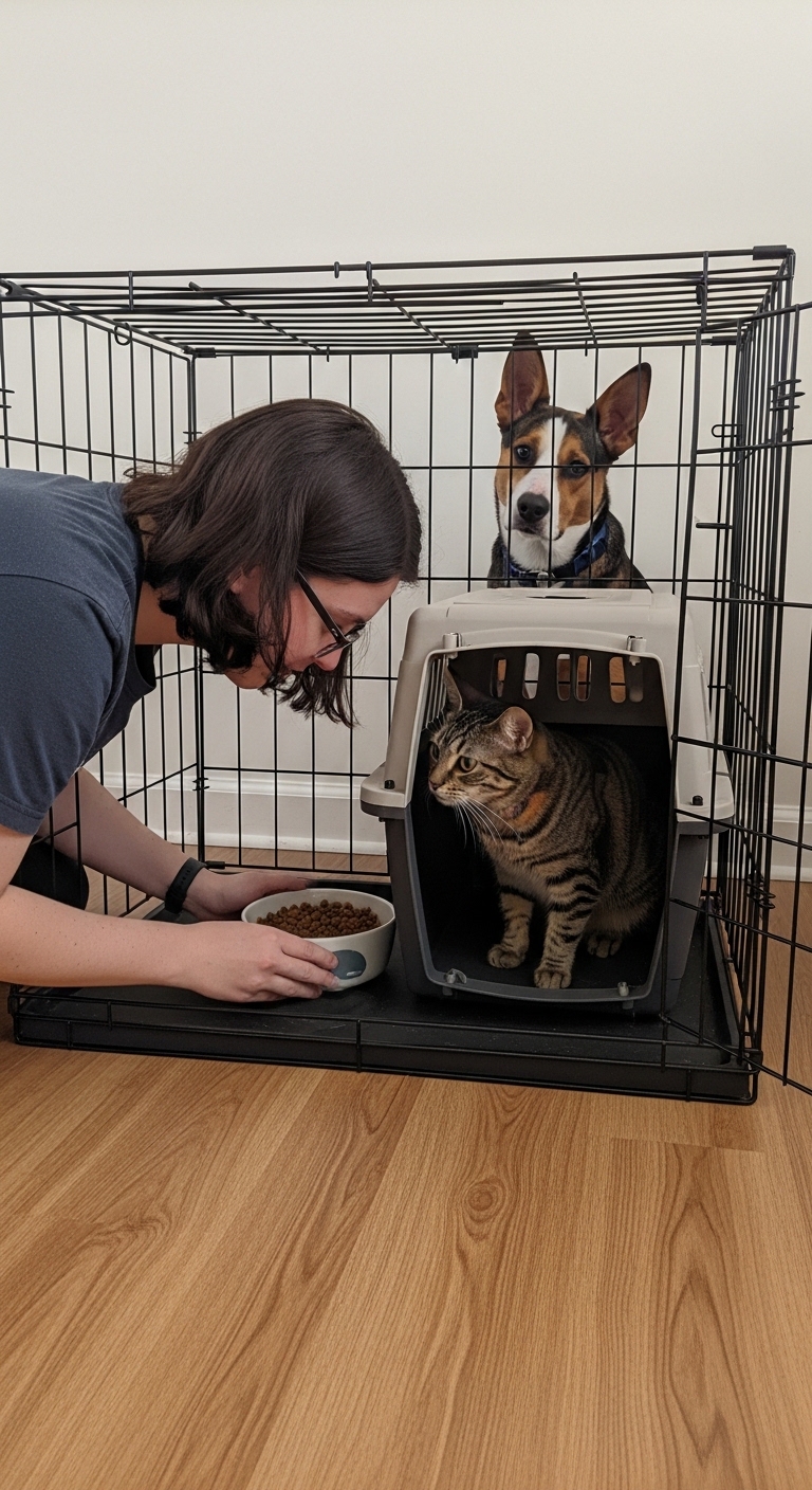 A woman is feeding a cat food from a bowl.