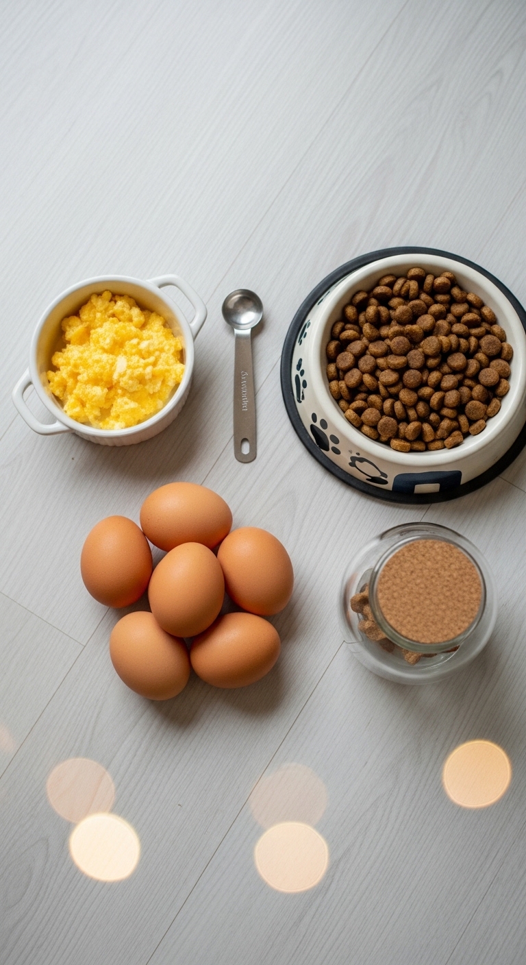 A bowl of dog food sits next to a bowl of eggs.