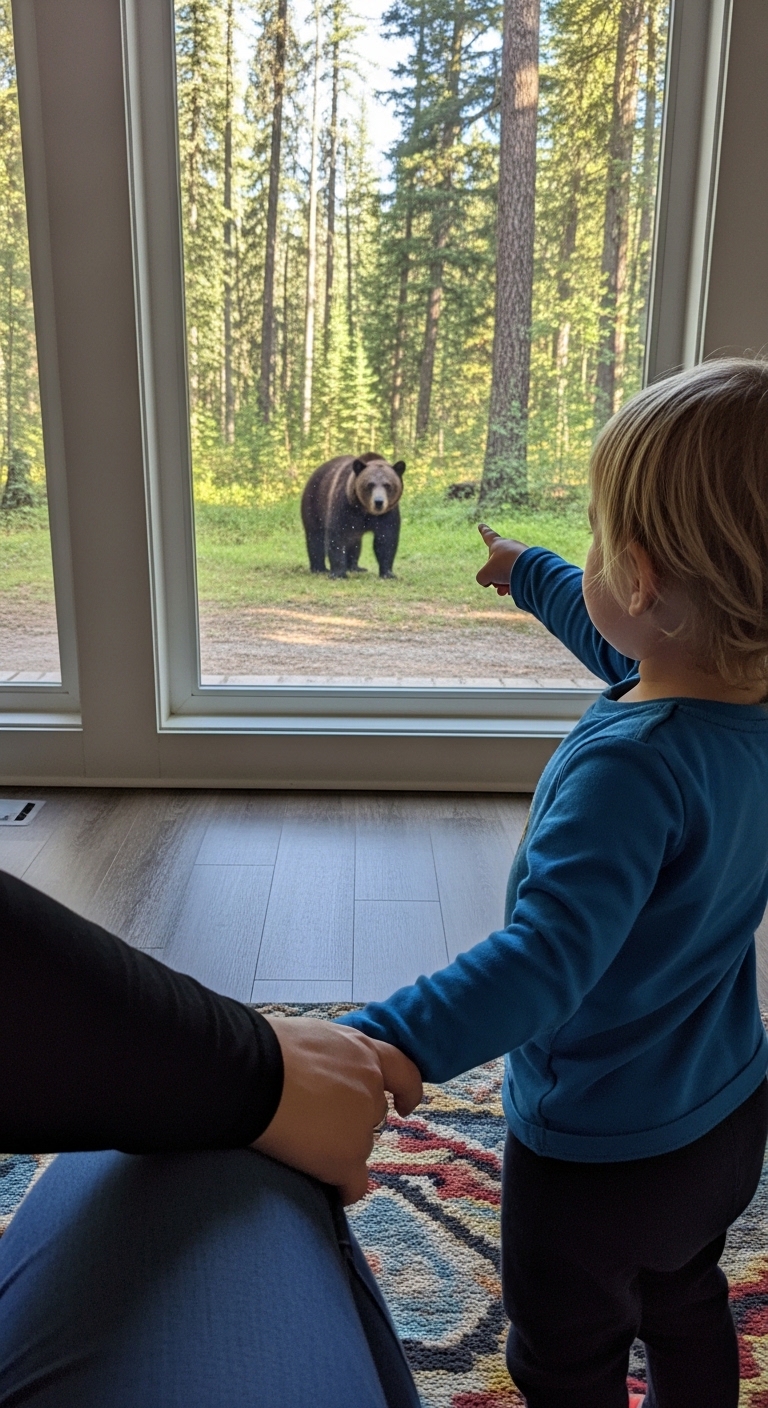 A young boy pointing at a bear outside a window.