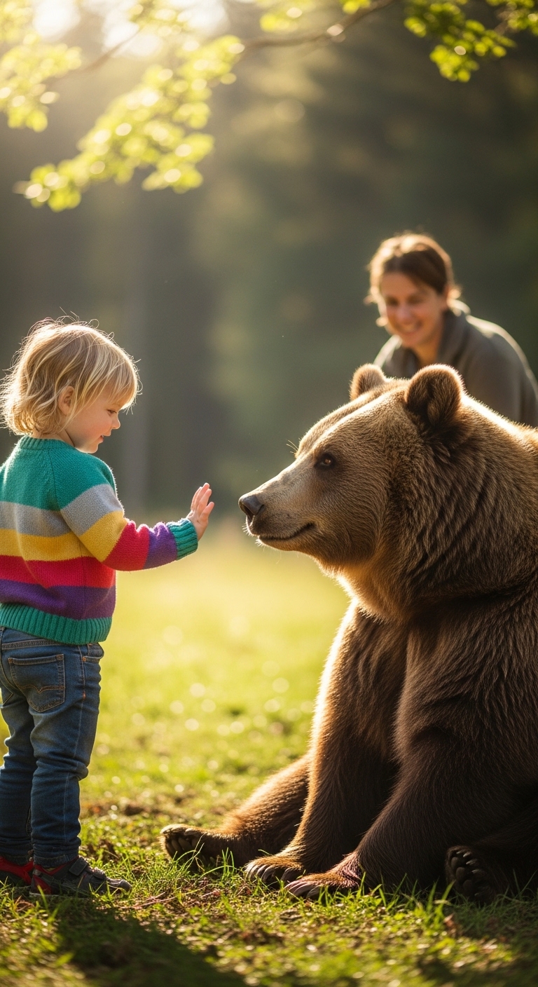 A little girl is petting a brown bear.