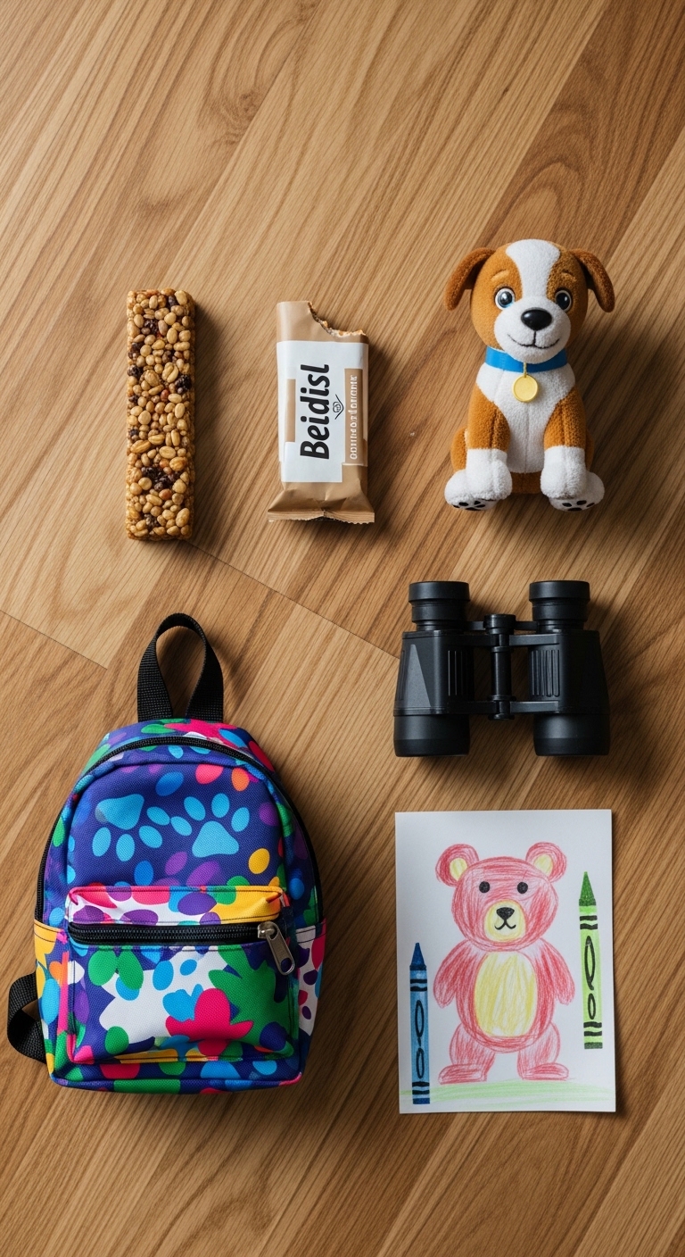 A stuffed dog and a backpack with a teddy bear in it.