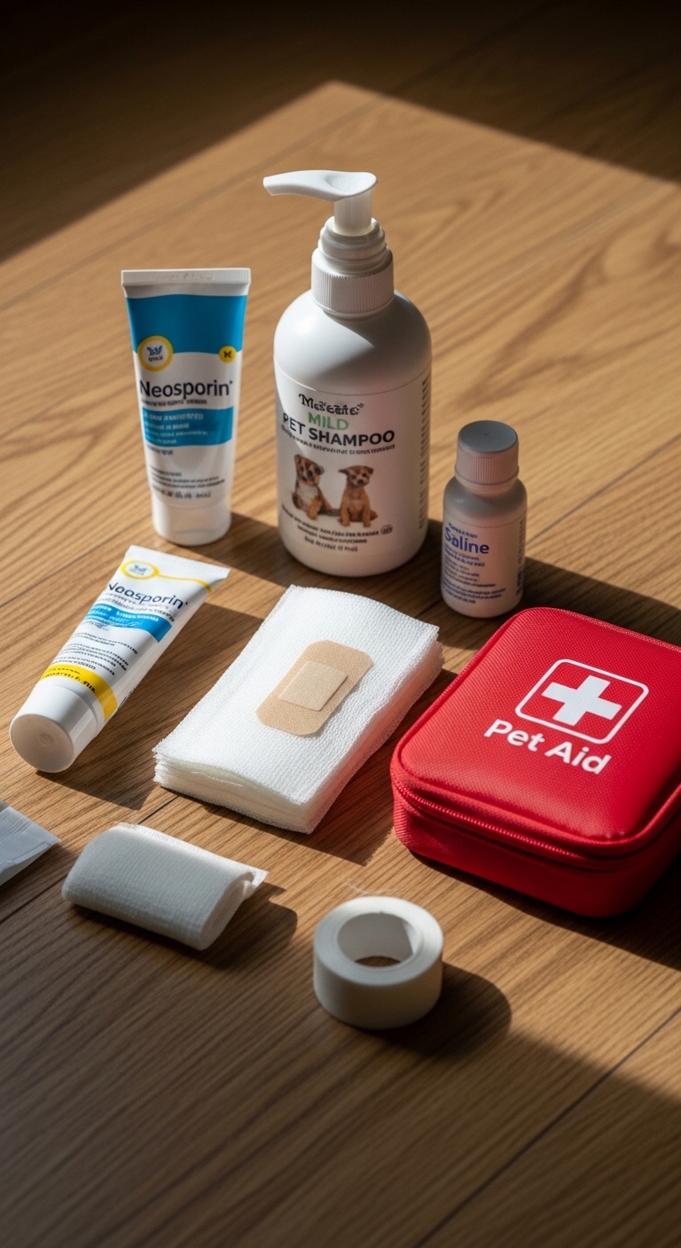 A bottle of Neosporin and a red first aid kit.