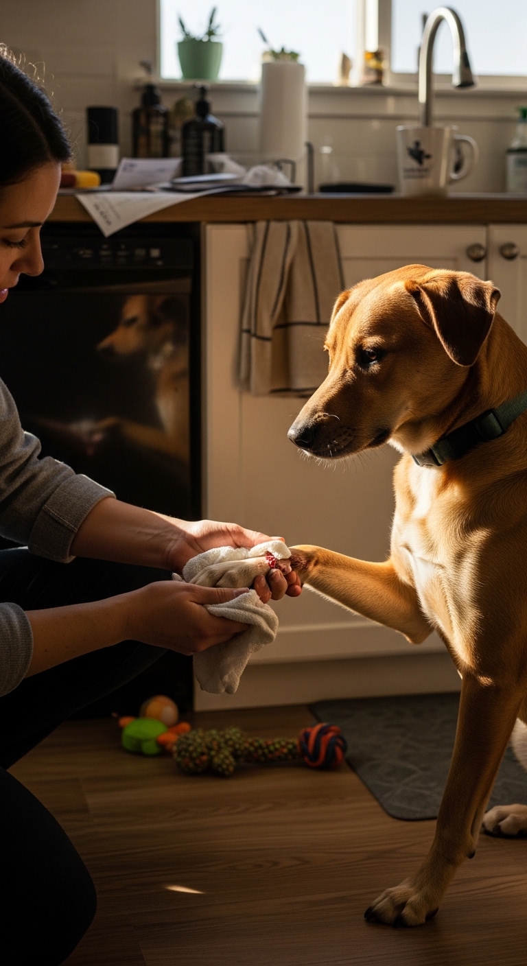 A woman is petting a dog with a white paw.